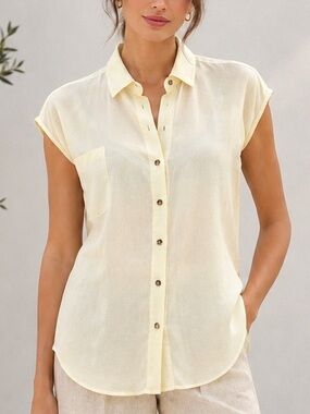 Ali Golden One Size Button Up Shirt Tunic Silky Collared Cap Shoulder Buttermilk